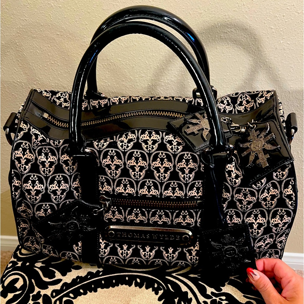 RARE Thomas Wylde Iconic Skull Print Canvas / Patent Duffle / Handbag / Purse